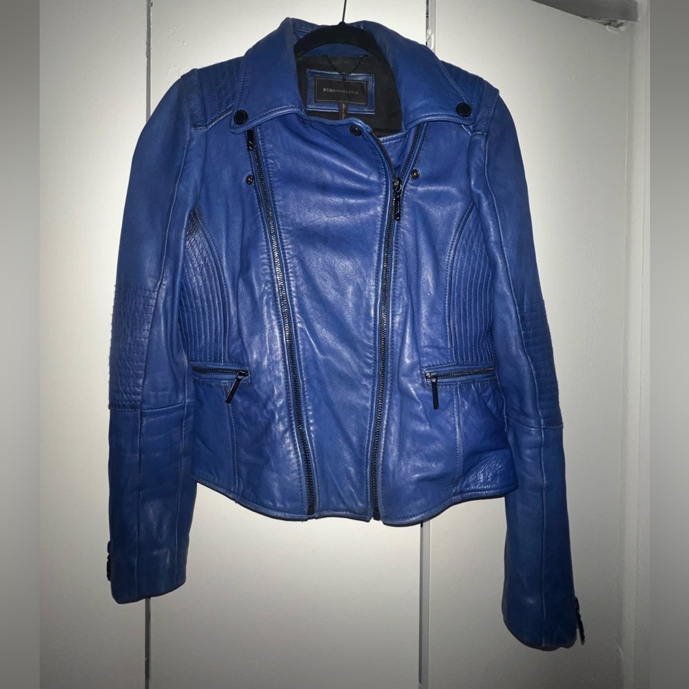 real leather moto jacket - blue - size 6